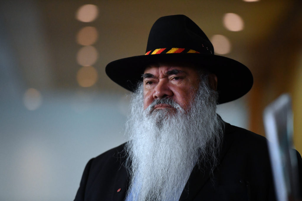 Labor Senator Pat Dodson at a press conference at Parliament House in Canberra, Thursday, December 10, 2020. The Joint Standing Committee on Northern Australia released its interim report into the destruction of Indigenous heritage sites at Juukan Gorge. (AAP Image/Mick Tsikas) NO ARCHIVING