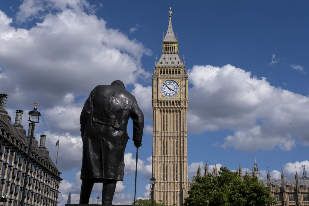 View of the famous statue of Sir Winston Churchill in Parlaiment Square towards the Houses of Parliament, the Palace of Westminster and clock tower aka Big Ben on 24th August 2022 in London, United Kingdom. Big Ben is the nickname for the Great Bell of the striking clock at the north end of the Palace of Westminster in London, England, although the name is frequently extended to refer also to the clock and the clock tower. (photo by Mike Kemp/In Pictures via Getty Images)