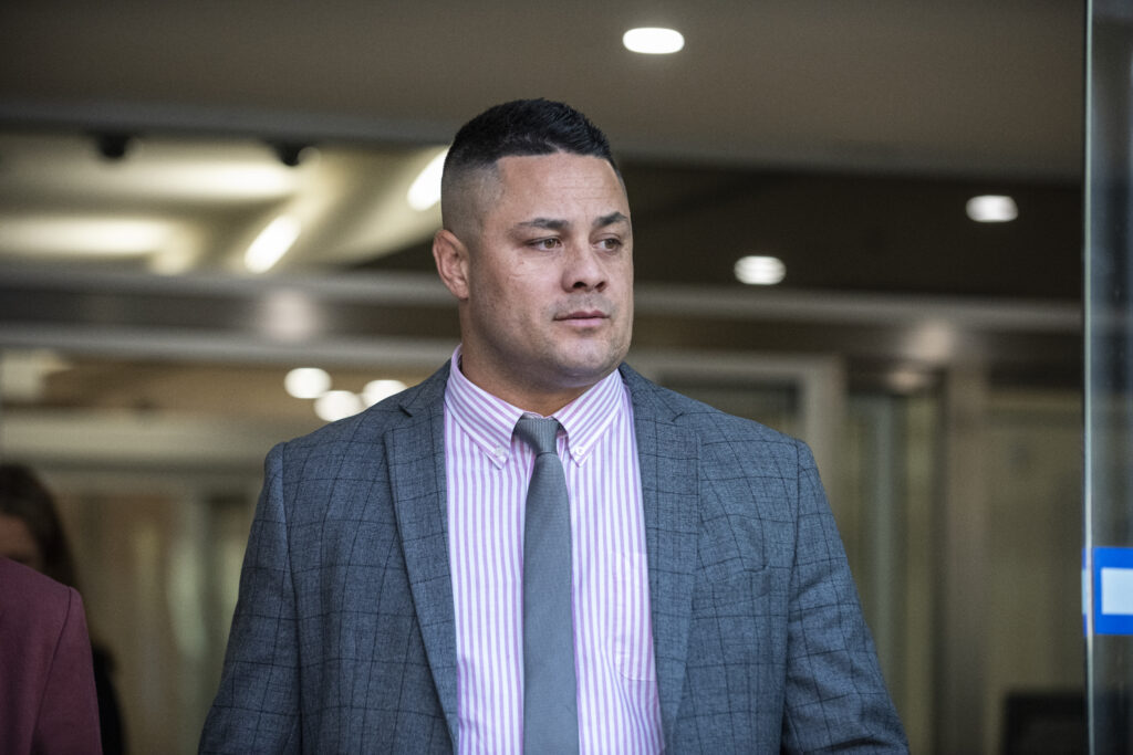 Former NRL Player Jarryd Hayne leaves at the John Maddison Tower in Sydney, Monday, April 3, 2023. (AAP Image/Flavio Brancaleone) NO ARCHIVING