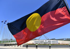 A marcher holds a flag as he protests for Aboriginal rights on Australia Day at Parliament House in Canberra, Sunday, January 26, 2020. (AAP Image/Mick Tsikas) NO ARCHIVING