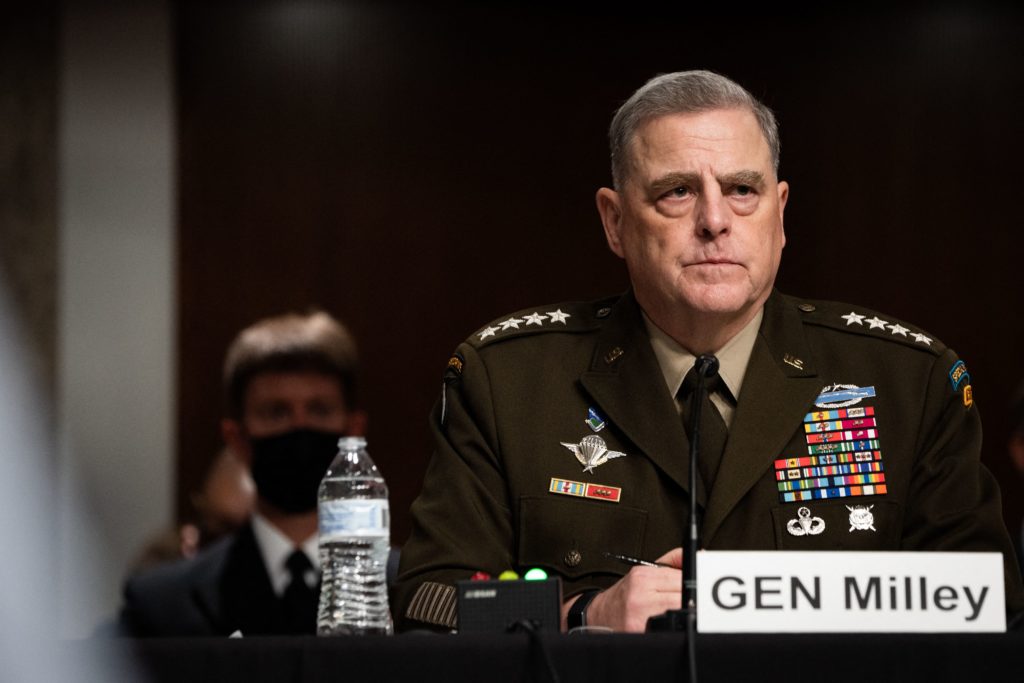 Chairman of the Joint Chiefs of Staff Gen. Mark Milley speaks during a Senate Armed Services Committee hearing on the conclusion of military operations in Afghanistan and plans for future counterterrorism operations in the Dirksen Senate Office Building on Capitol Hill in Washington, DC on September 28, 2021. (Photo by Sarahbeth MANEY / POOL / AFP) (Photo by SARAHBETH MANEY/POOL/AFP via Getty Images)