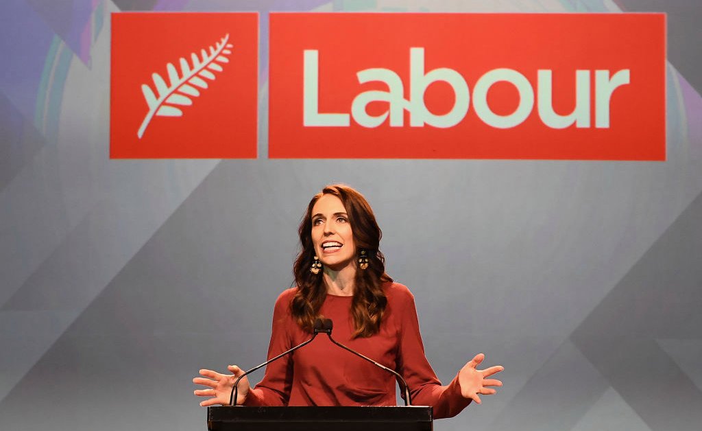 AUCKLAND, NEW ZEALAND - OCTOBER 17: Labour Party leader and New Zealand Prime Minister Jacinda Ardern claims victory during the Labor Party Election Night Function at Auckland Town Hall on October 17, 2020 in Auckland, New Zealand. Labour leader Jacinda Ardern has claimed victory in the 2020 New Zealand General Election to secure a second term as prime minister in the 53rd Parliament of New Zealand after defeating National's Judith Collins. The 2020 New Zealand General Election was originally due to be held on Saturday 19 September but was delayed due to the re-emergence of COVID-19 in the community. (Photo by Hannah Peters/Getty Images)