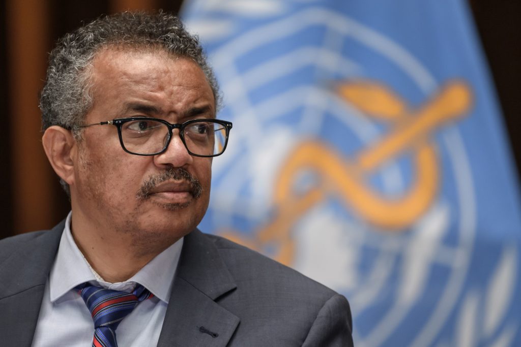 World Health Organization (WHO) Director-General Tedros Adhanom Ghebreyesus attends a press conference organised by the Geneva Association of United Nations Correspondents (ACANU) amid the COVID-19 outbreak, caused by the novel coronavirus, on July 3, 2020 at the WHO headquarters in Geneva. (Photo by Fabrice COFFRINI / POOL / AFP) (Photo by FABRICE COFFRINI/POOL/AFP via Getty Images)