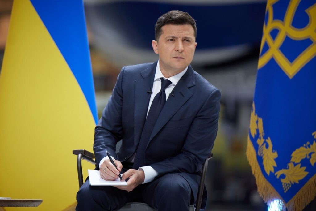 KIEV, UKRAINE - MAY 20: (----EDITORIAL USE ONLY â MANDATORY CREDIT - "UKRAINIAN PRESIDENCY / HANDOUT" - NO MARKETING NO ADVERTISING CAMPAIGNS - DISTRIBUTED AS A SERVICE TO CLIENTS----) President of Ukraine Volodymyr Zelensky attends a news conference on two years in office at the Antonov State Enterprise in Kiev, Ukraine on May 20, 2021. (Photo by Ukrainian Presidency/Handout/Anadolu Agency via Getty Images)