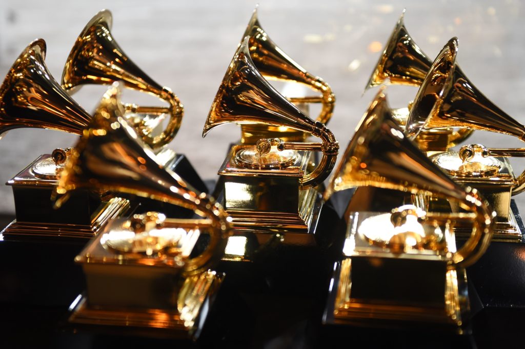 Grammy trophies sit in the press room during the 60th Annual Grammy Awards on January 28, 2018, in New York.  / AFP PHOTO / Don EMMERT        (Photo credit should read DON EMMERT/AFP via Getty Images)