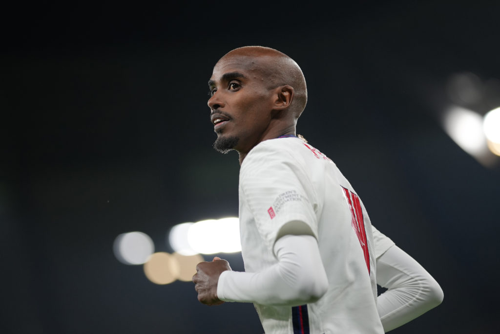 MANCHESTER, ENGLAND - SEPTEMBER 04: Mo Farah in action during Soccer Aid for Unicef 2021 at Etihad Stadium on September 04, 2021 in Manchester, England. (Photo by Tom Flathers/Manchester City FC via Getty Images)