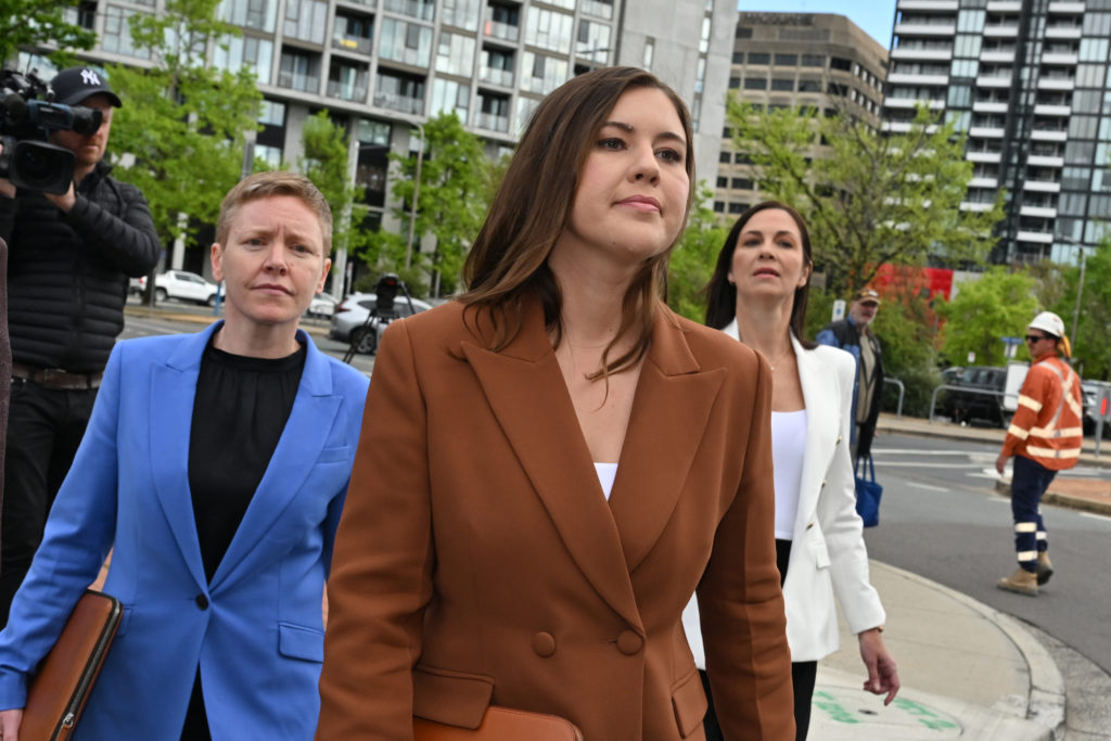 Former Liberal Party staffer Brittany Higgins arrives at the ACT Supreme Court in Canberra, Thursday, October 27, 2022. Former Liberal Party staffer Bruce Lehrmann is accused of raping a colleague Brittany Higgins at Parliament House in 2019. (AAP Image/Mick Tsikas) NO ARCHIVING