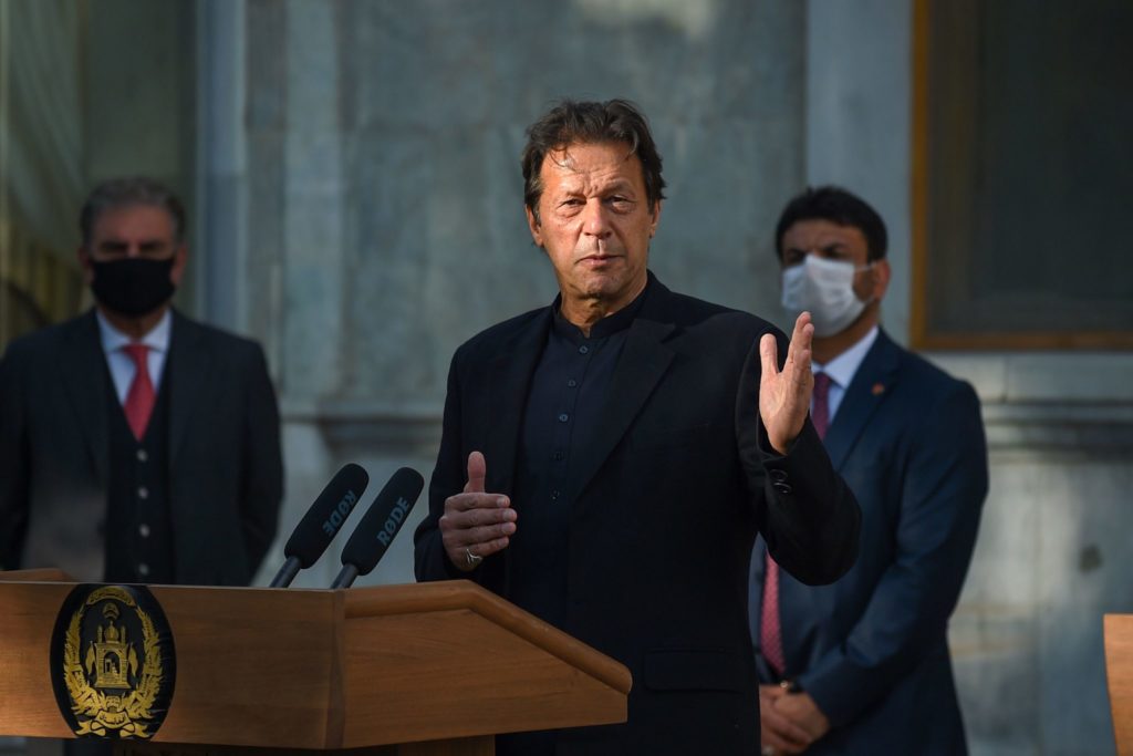 Pakistan's Prime Minister Imran Khan speaks during a joint press conference with Afghan president at the Presidential Palace in Kabul on November 19, 2020. (Photo by Wakil KOHSAR / AFP) (Photo by WAKIL KOHSAR/AFP via Getty Images)