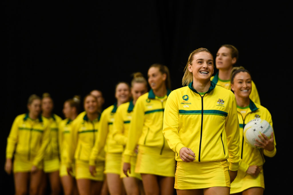 Liz Watson leads the Diamonds out during Game 3 of the Constellation Cup match between the New Zealand Silver Ferns and Australian Diamonds in Christchurch, New Zealand, Saturday, March 6, 2021. (AAP Image/John Davidson) NO ARCHIVING, EDITORIAL USE ONLY