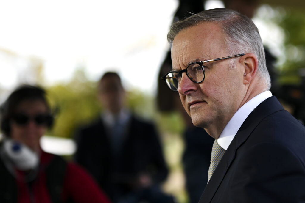 Australian Opposition Leader Anthony Albanese speaks to the media during a press conference on Day 1 of the 2022 federal election campaign, in Launceston, Monday, April 11, 2022. (AAP Image/Lukas Coch) NO ARCHIVING