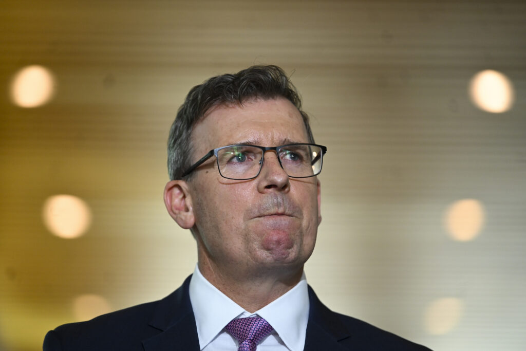 Australian Education Minister Alan Tudge speaks during a press conference at Parliament House in Canberra, Friday, October 22, 2021. (AAP Image/Lukas Coch) NO ARCHIVING