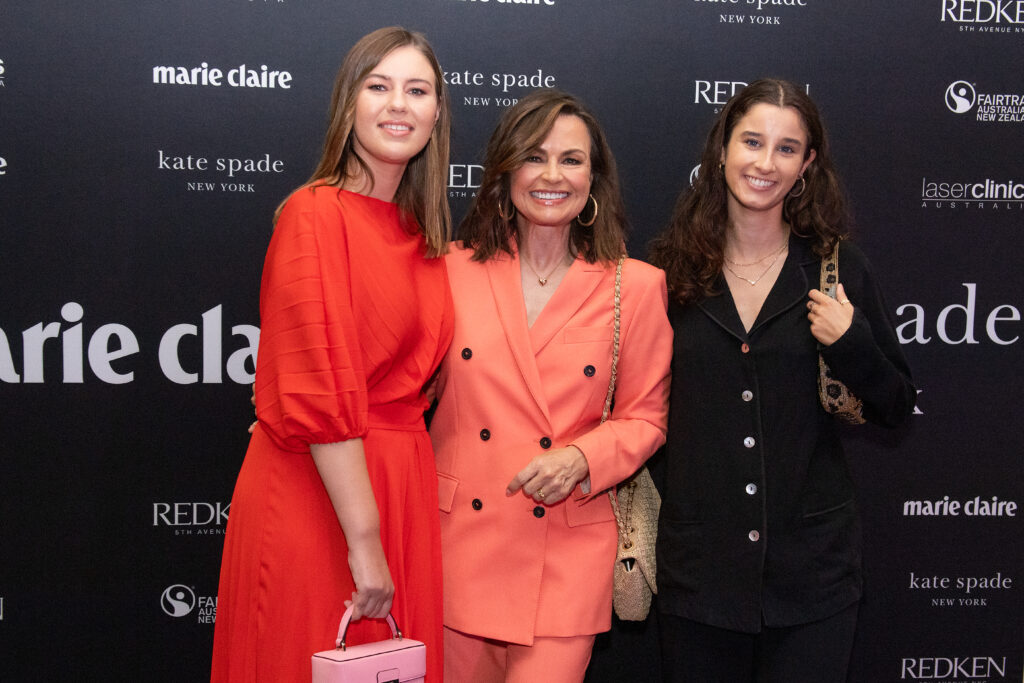 (L-R) Activist and author Brittany Higgins, journalist Lisa Wilkinson, and consent activist Chanel Contos pose for a photograph during the Marie Claire International Women’s Day breakfast in Sydney, Tuesday, March 8, 2022. (AAP Image/Bianca De Marchi) NO ARCHIVING
