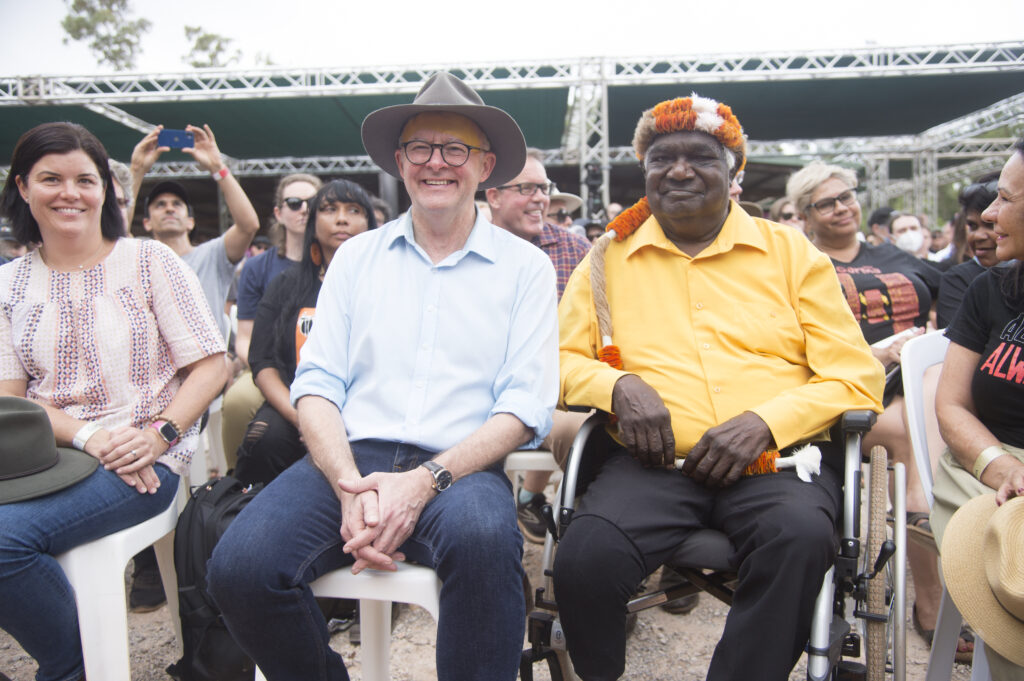 Prime Minister Anthony Albanese with Yothu Yindi Foundation Chair Galarrwuy Yunupingu the Garma Festival in northeast Arnhem Land, Northern Territory, Friday, July 29, 2022. The push to get an Indigenous voice in federal parliament is expected to be a key theme at this weekend’s Garma Festival in northeast Arnhem Land. (AAP Image/Aaron Bunch) NO ARCHIVING