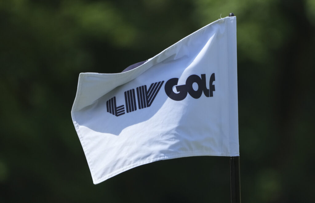 NORTH PLAINS, OR - JULY 02: The LIVE Golf 8th hole flag waves during the LIV golf series on July 2, 2022 at Pumpkin Ridge Golf Club in North Plains, Ore. (Photo by Jeff Halstead/Icon Sportswire via Getty Images)
