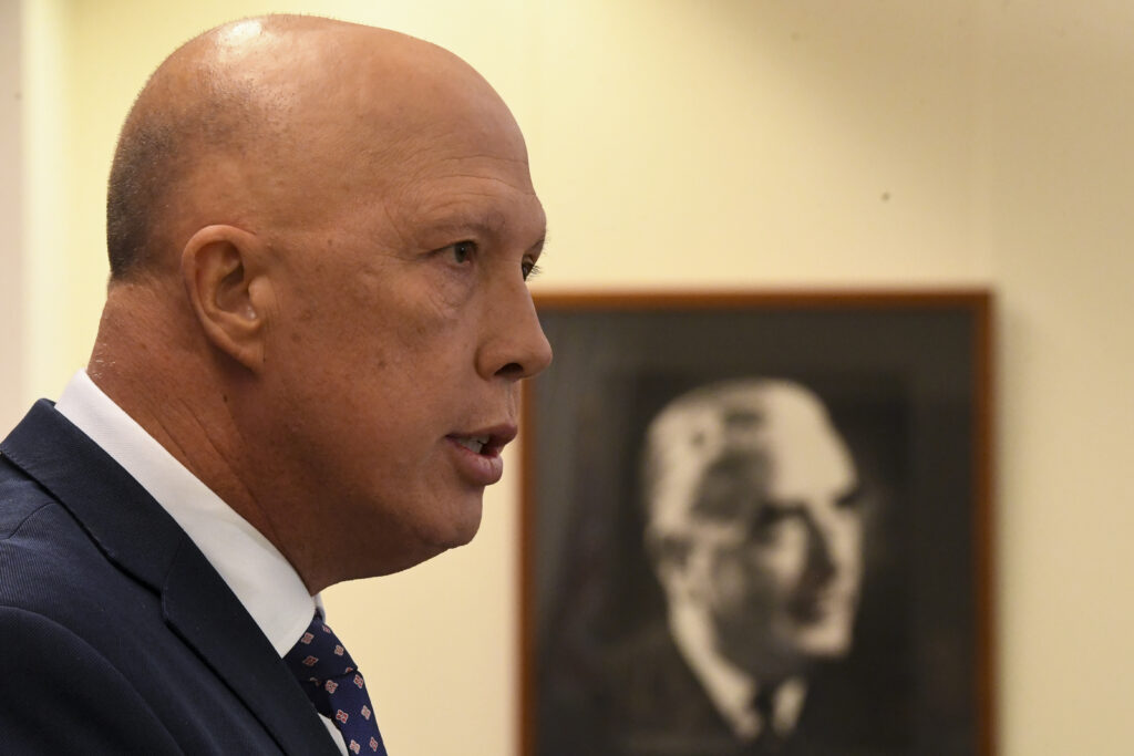 Newly elected Leader of the Liberal Party Peter Dutton speaks to the media after a party room meeting at Parliament House in Canberra, Monday, May 30, 2022. (AAP Image/Lukas Coch) NO ARCHIVING