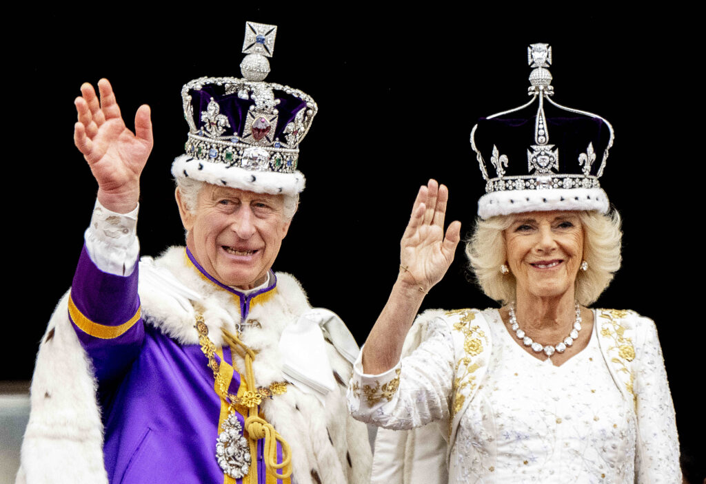 King Charles III and Queen Camilla on the balcony of Buckingham Palace, London, following the coronation, in London, UK, on May 6, 2023. Photo by Robin Utrech/ABACAPRESS.COM.