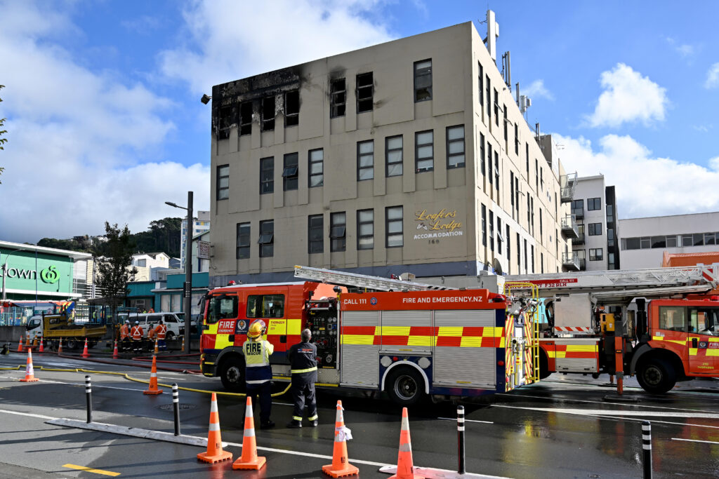 An exterior view of the Loafers Lodge after a fatal hostel fire in Wellington, NZ, Tuesday, May 16, 2023. Multiple people are believed to be dead after a "worst nightmare" fire at a 92-room hostel in New Zealand. (AAP Image/Masanori Udagawa) NO ARCHIVING